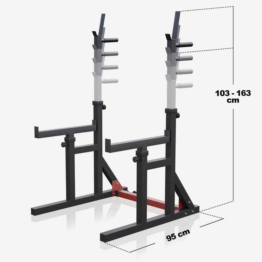 Kyykkyteline / Squat Rack Kotisalille – Säädettävä, Varmistusraudat & Dippikahvat 300 kg Musta/Punainen