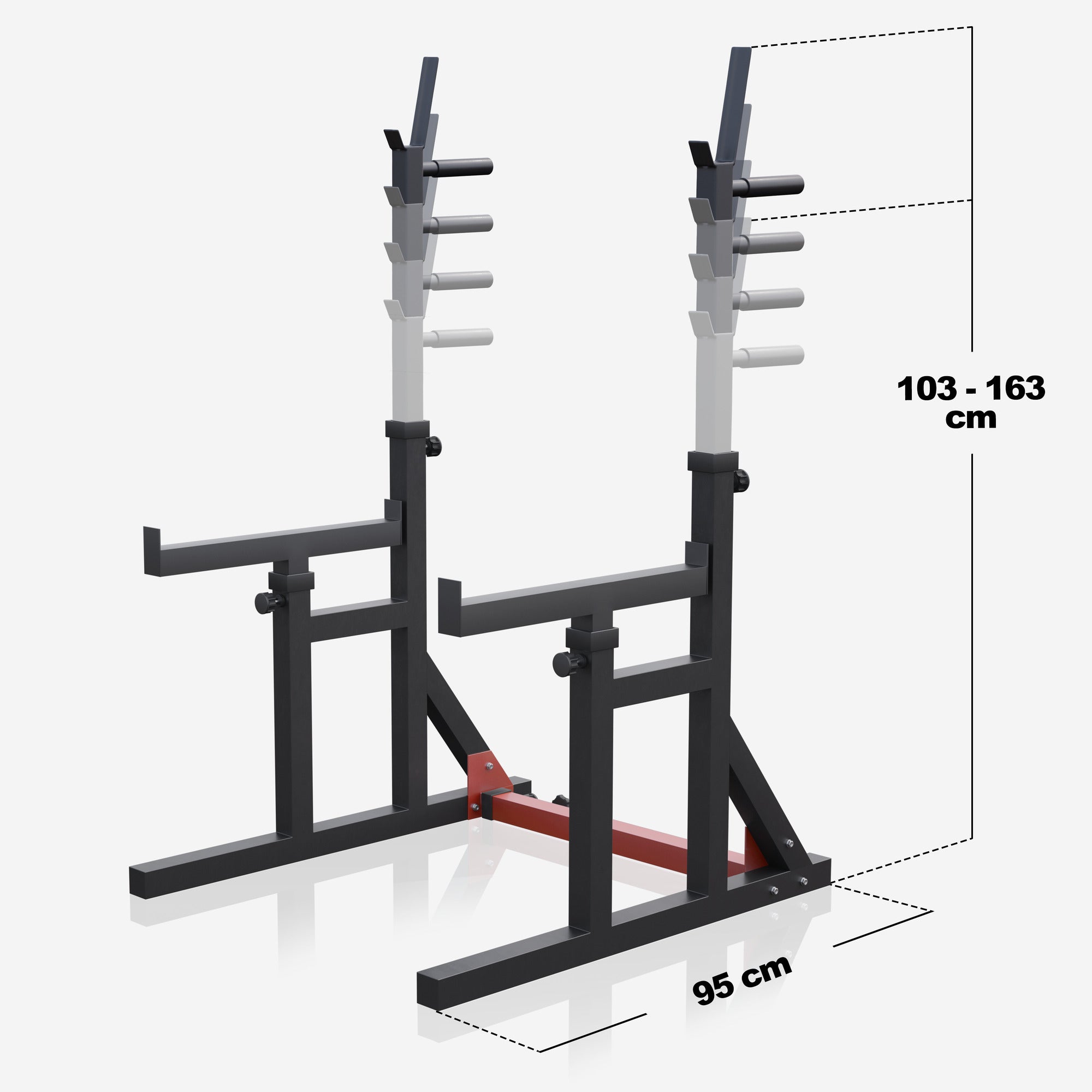 Kyykkyteline / Squat Rack Kotisalille – Säädettävä, Varmistusraudat & Dippikahvat 300 kg Musta/Punainen