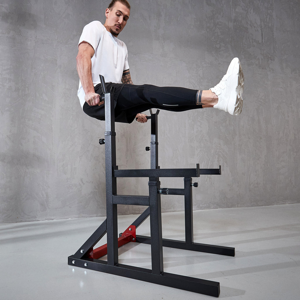 Kyykkyteline / Squat Rack Kotisalille – Säädettävä, Varmistusraudat & Dippikahvat 300 kg Musta/Punainen