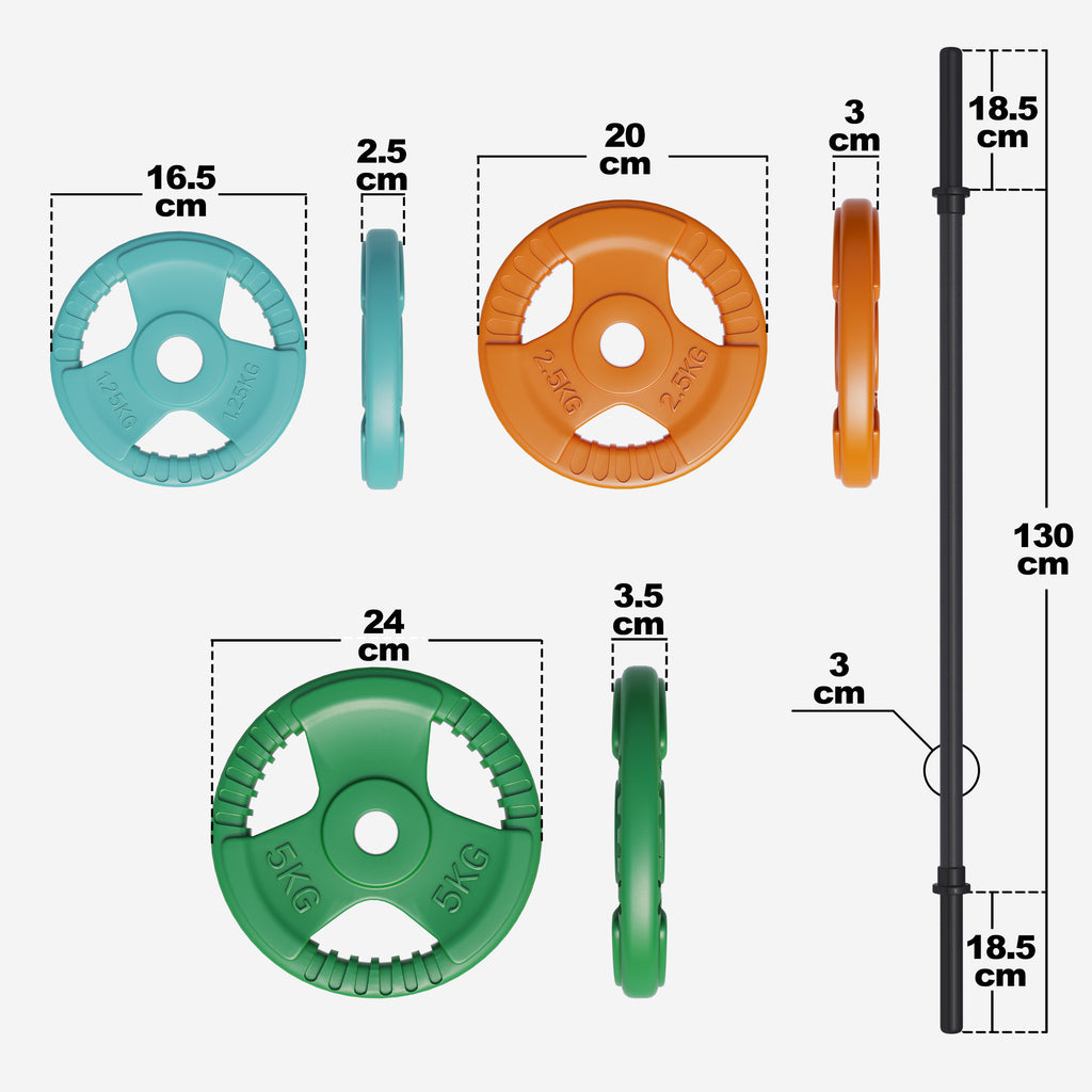 Kumipinnoitteiset Levypainot 20kg ja Pump Tanko Jousilukoilla 130cm, Ø 30mm, 2kg Musta