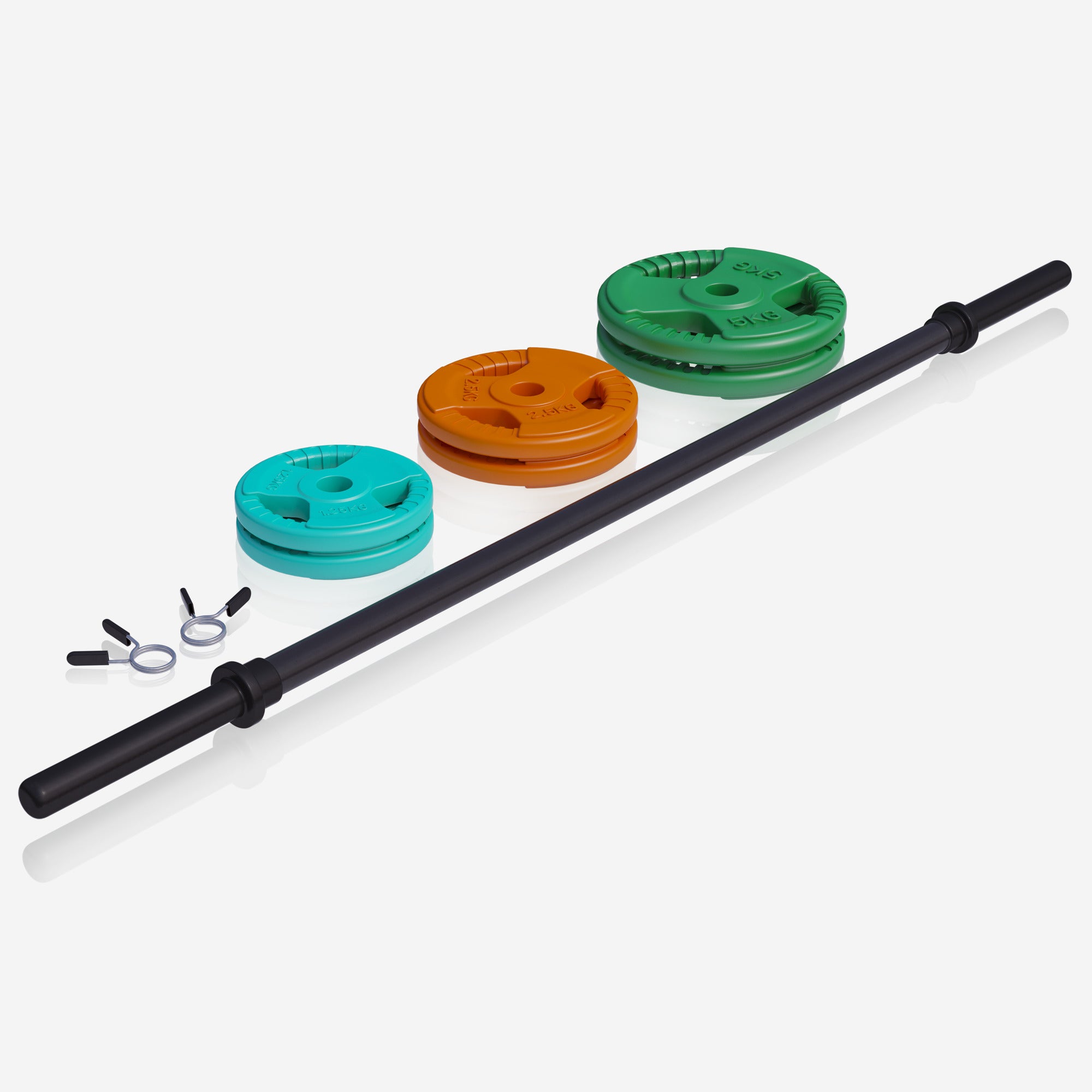 Kumipinnoitteiset Levypainot 20kg ja Pump Tanko Jousilukoilla 130cm, Ø 30mm, 2kg Musta