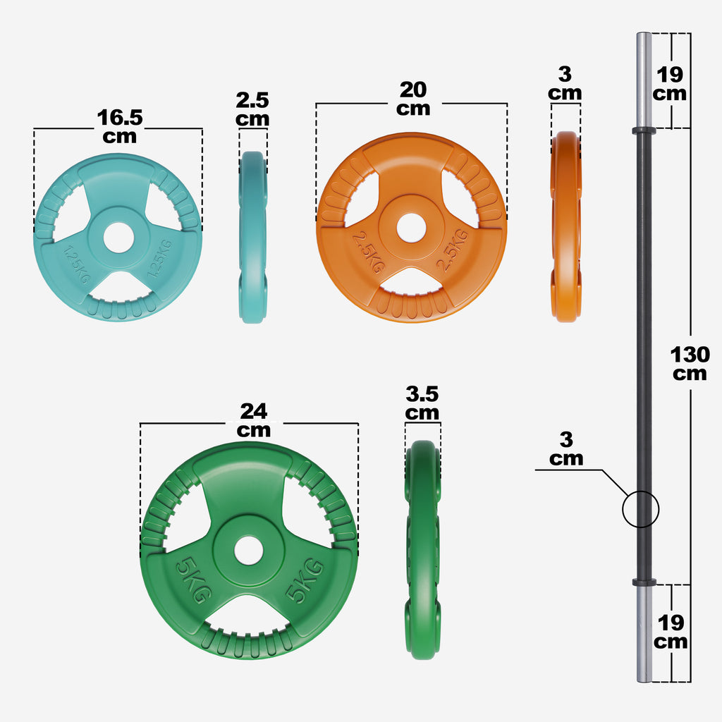 Kumipinnoitteiset Levypainot 19,3kg ja Pump Tanko Jousilukoilla 130cm, Ø 30mm, 2kg Musta