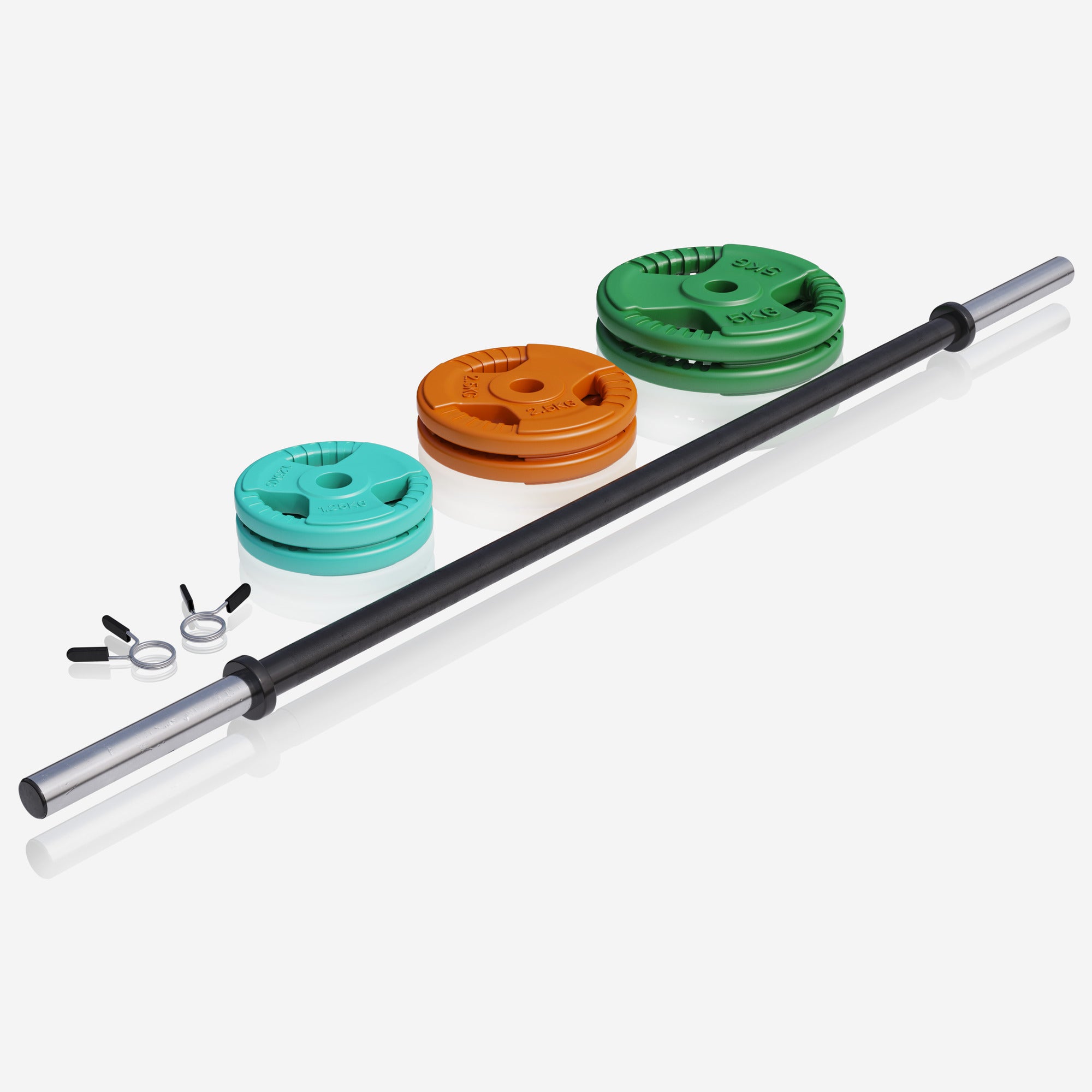 Kumipinnoitteiset Levypainot 19,3kg ja Pump Tanko Jousilukoilla 130cm, Ø 30mm, 2kg Musta