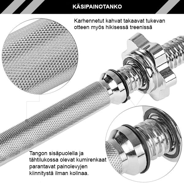 Käsipainosarja 20–60 kg valurautalevyillä ja 30 mm tangoilla