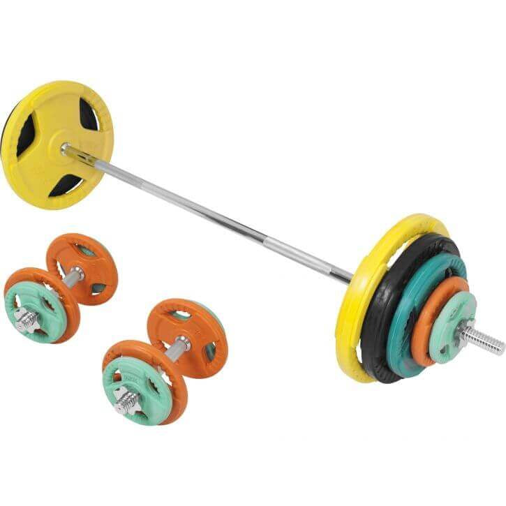 Kumipinnoitteinen Painosarja 100kg / Levypainot + Suora Levytanko 170cm, Ø 30/31mm