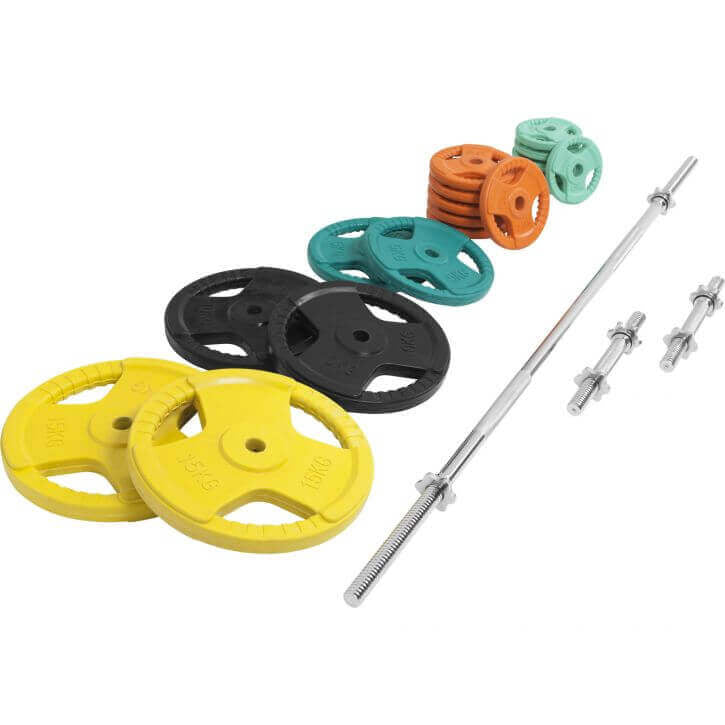 Kumipinnoitteinen Painosarja 100kg / Levypainot + Suora Levytanko 170cm, Ø 30/31mm