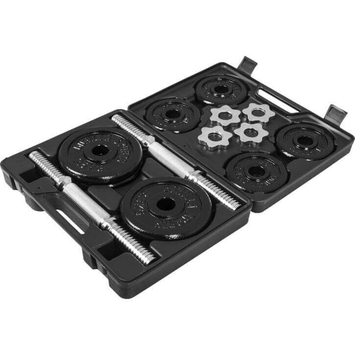 Valurautainen Käsipainosarja 20kg Kierrelukoilla 35cm, Ø 30/31mm 2kpl + Salkku Musta