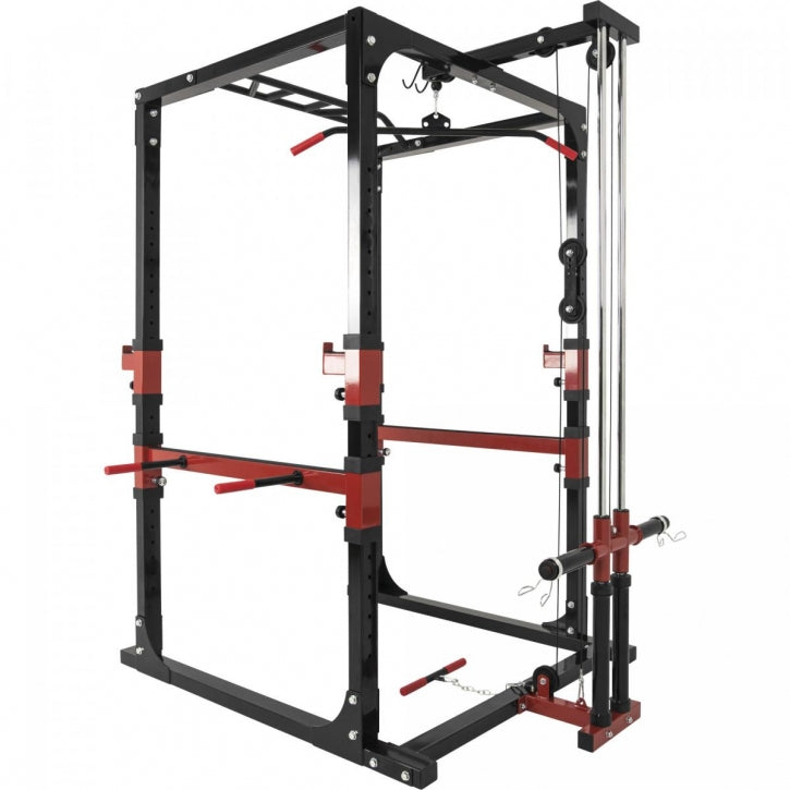 Power Rack / Kyykkyhäkki Ala- ja Ylätaljalla – Leuanvetotanko & Dippikahvat, Musta/Punainen
