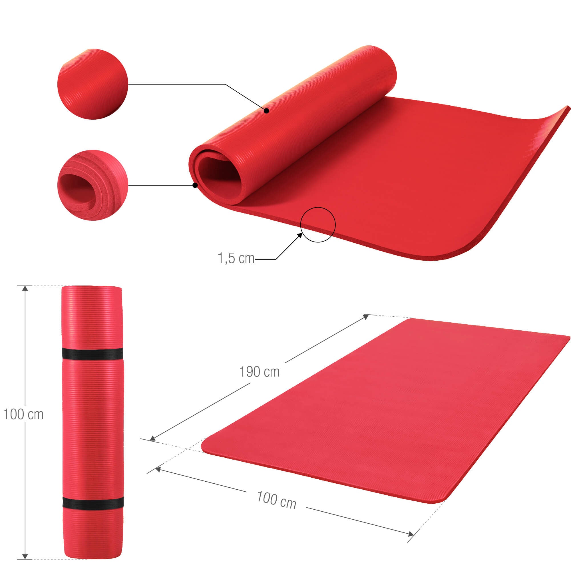 Jumppamatto Kantohihnalla, Punainen, 190x100x1,5cm