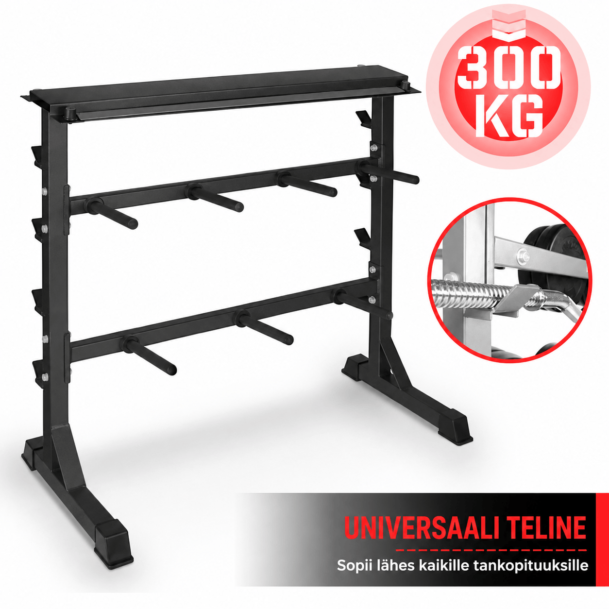 3-in-1 painoteline 30 mm levypainoille, käsipainoille ja levytangoille, musta