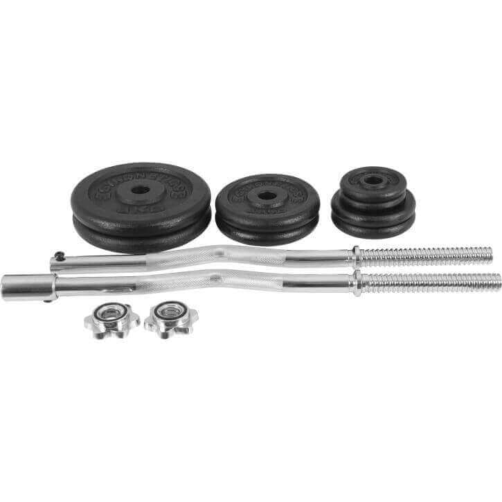 E-Sarja Levytankosetti 23,5kg / Purettava EZ Kulmatanko 120cm + Valurautaiset Levypainot