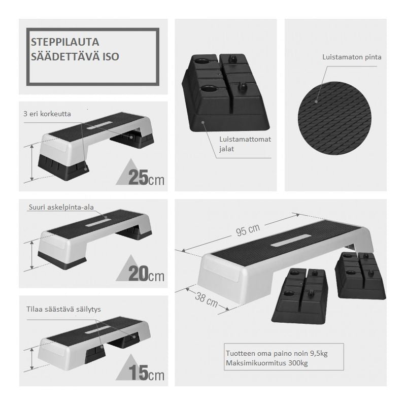 Steppilauta L, Korkeussäädettävä, Harmaa/Musta, 95x38x15cm