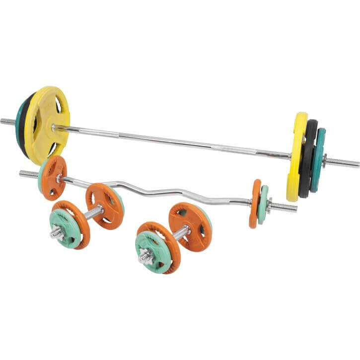 Gorilla Sports Kumipinnoitteinen Levytankosarja 105 kg, 30 mm Tri Grip, 3 Eri Levytankoa