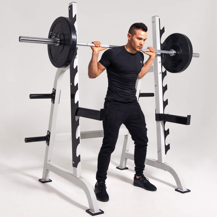 Squat Rack / Kyykkyräkki Musta – 9 Tangon Korkeutta, Turvaraudat ja Levypainotelineet