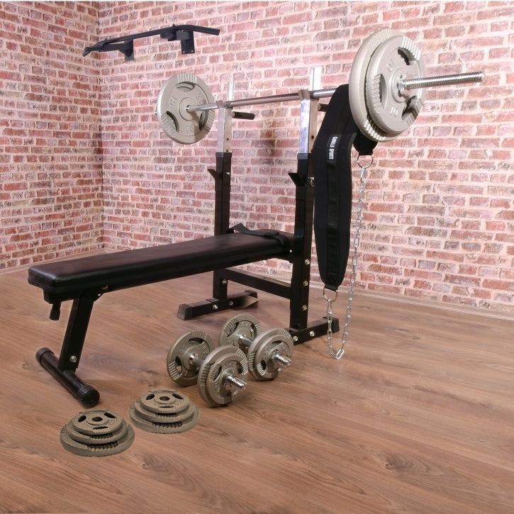 Säädettävä Painonnostopenkki + Leuanvetotanko Seinään + Valurautainen Tri Grip Levytankosarja 100kg + Dippivyö