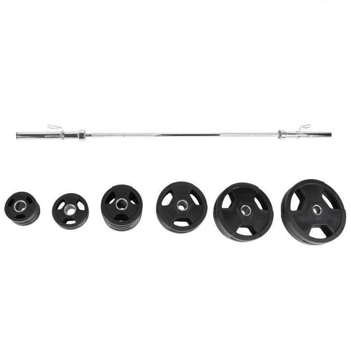 Levytankosetti 130 kg / Vinyyli Tri Grip Levypainot + Olympia Levytanko 218cm, Ø 50/51mm