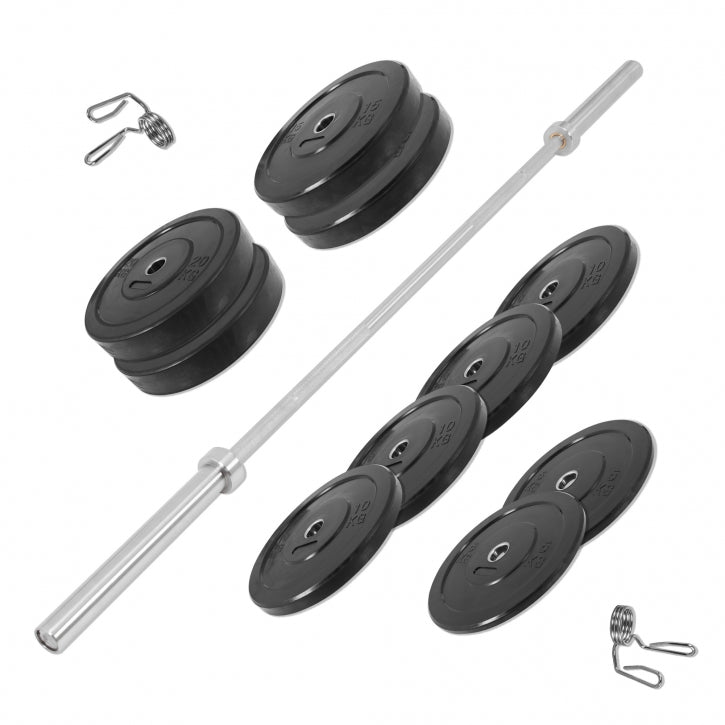 Bumper Plate Painosarja 140kg + Kromi Olympia Levytanko Jousilukoilla 220cm, Ø 50/51mm