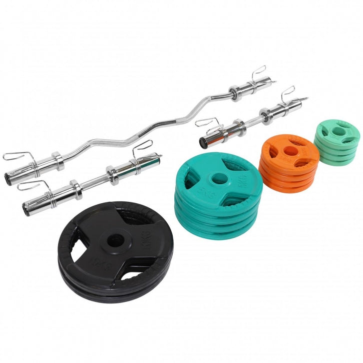 Olympia EZ Mutkatanko 120cm ja Käsipainotangot 51cm + Levypainot Ø 50/51mm
