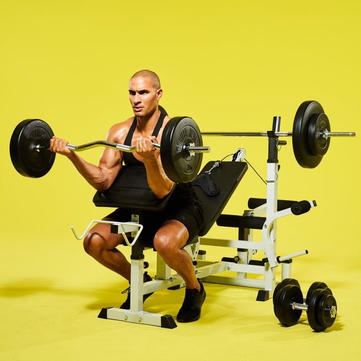 Monipuolinen Säädettävä Painonnostopenkki Valkoinen + Vinyylinen Levytankosetti 100kg