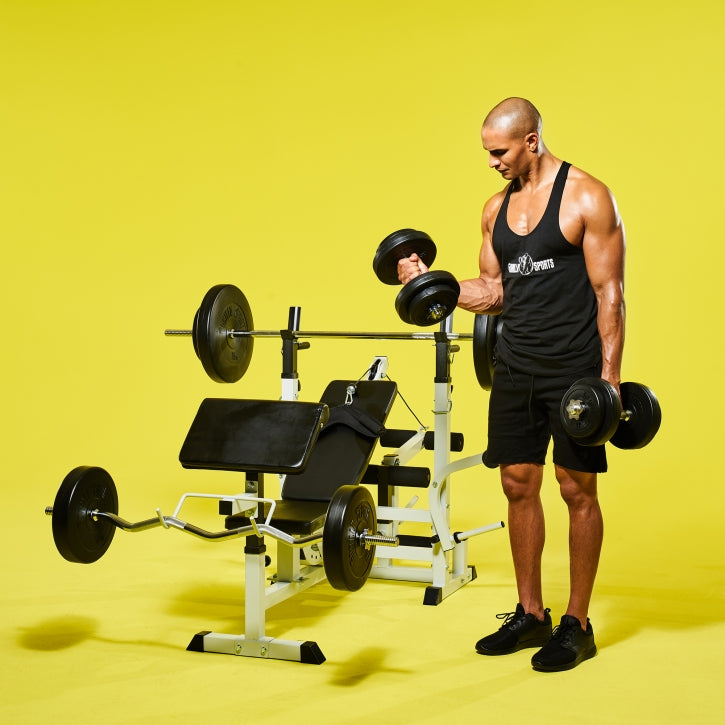 Monipuolinen Säädettävä Painonnostopenkki Valkoinen + Vinyylinen Levytankosetti 100kg