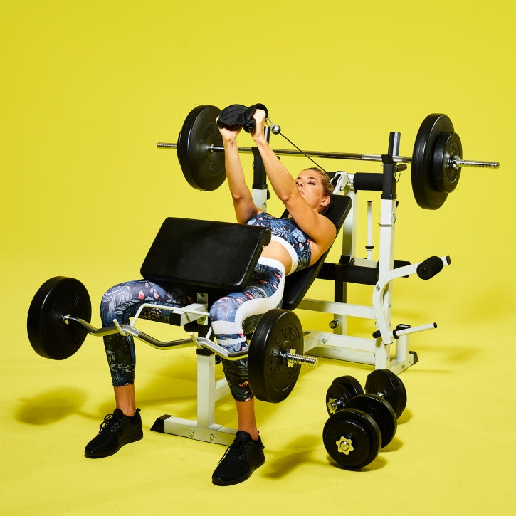 Monipuolinen Säädettävä Painonnostopenkki Valkoinen + Vinyylinen Levytankosetti 100kg