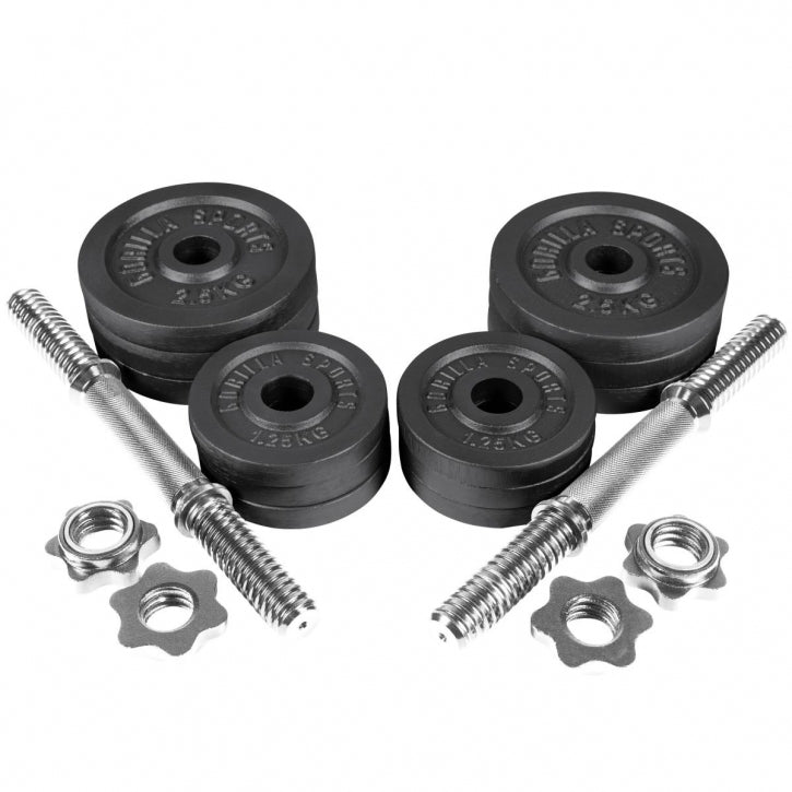 Valurautainen käsipainosetti 20kg musta + lisäpainot 2x 2,5 kg + 2x 1,25 kg