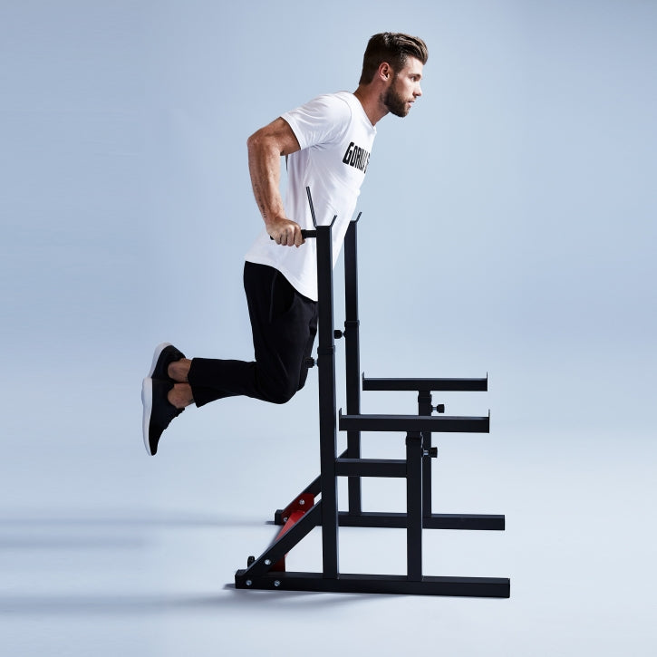 Kyykkyteline / Squat Rack Kotisalille – Säädettävä, Varmistusraudat & Dippikahvat 300 kg Musta/Punainen