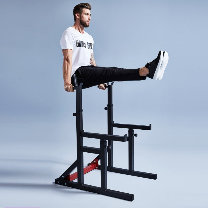 Kyykkyteline / Squat Rack Kotisalille – Säädettävä, Varmistusraudat & Dippikahvat 300 kg Musta/Punainen