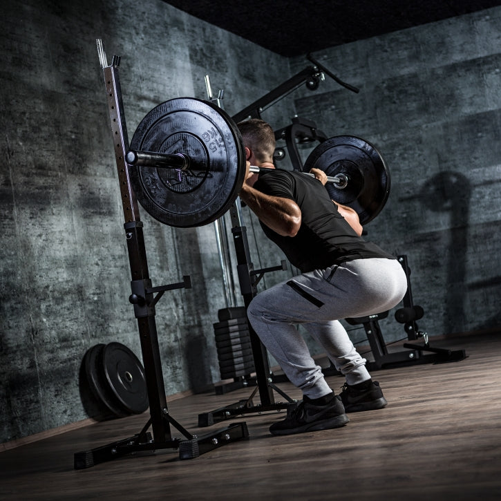 Säädettävät Kyykkytelineet / Levytankotelineet 2 kpl – Turvaraudoilla, Max. 500 kg, Musta