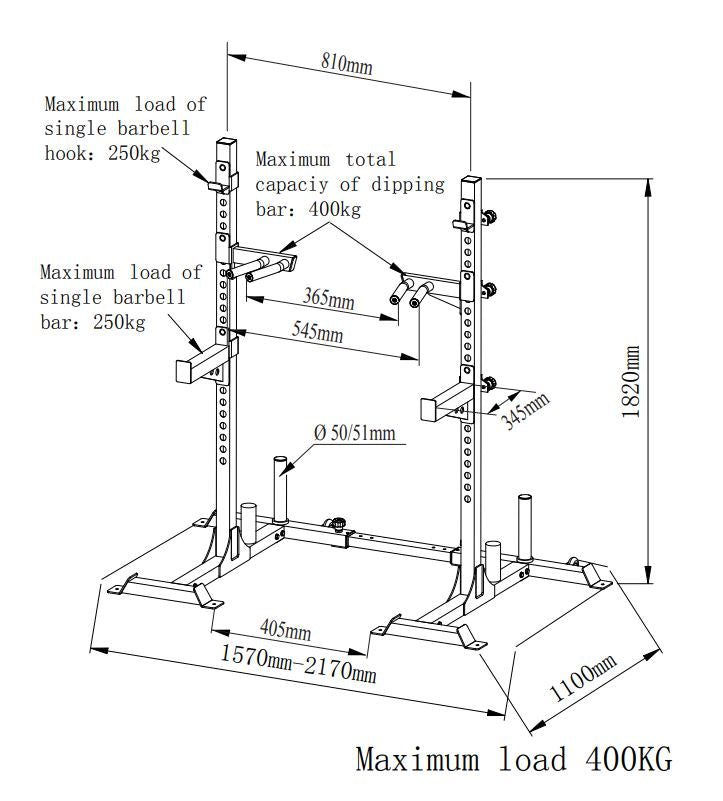 Kyykkyteline / Squat Rack – Säädettävä, Dippikahvat ja Turvaraudat, Max 400 kg