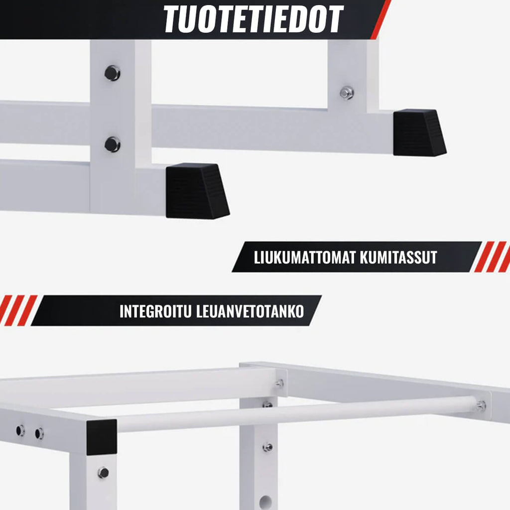 Power Rack -kyykkyhäkki turvaraudoilla ja leuanvetotangolla
