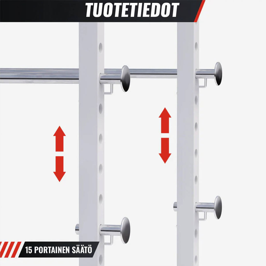 Power Rack -kyykkyhäkki turvaraudoilla ja leuanvetotangolla